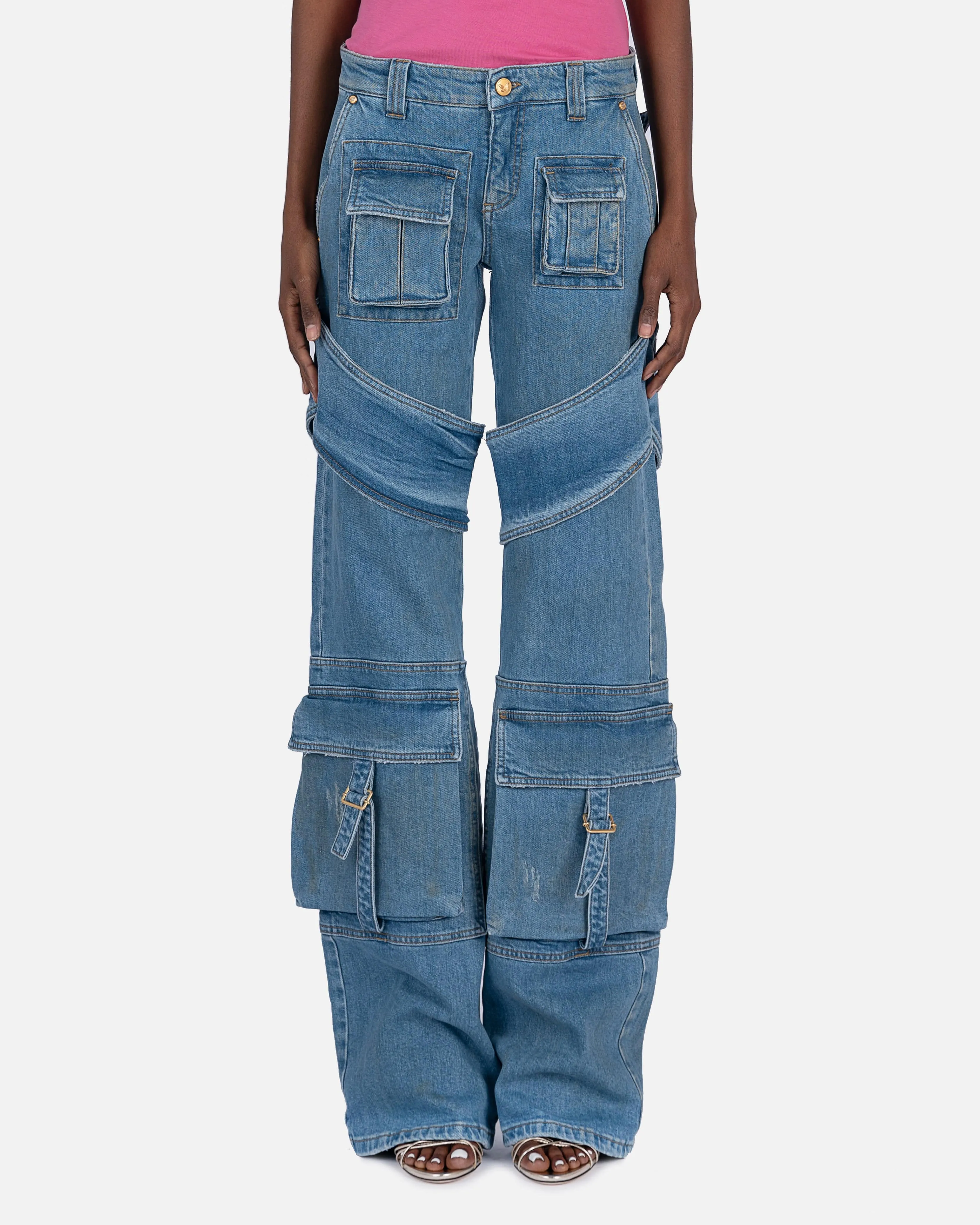 Blumarine Cargo Jeans in Blue Stone-Washed Denim