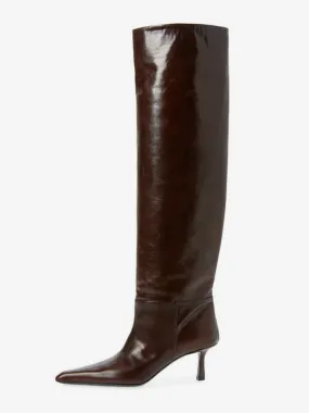 Brown Slouch Knee High Boots Pointed Toe Mid Heel Boots