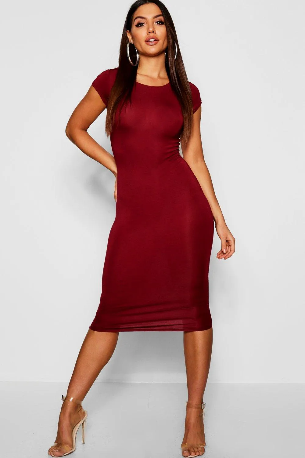 Cap Sleeve Jersey Knit Bodycon Midi Dress