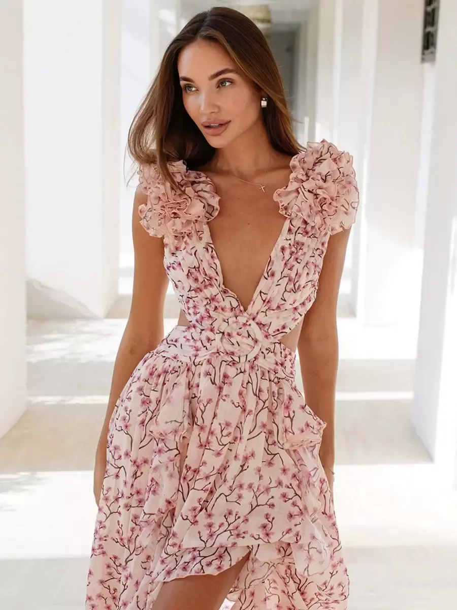 Flowy Flower Dress Plunge High-Slit Backless Maxi Boho Dresses