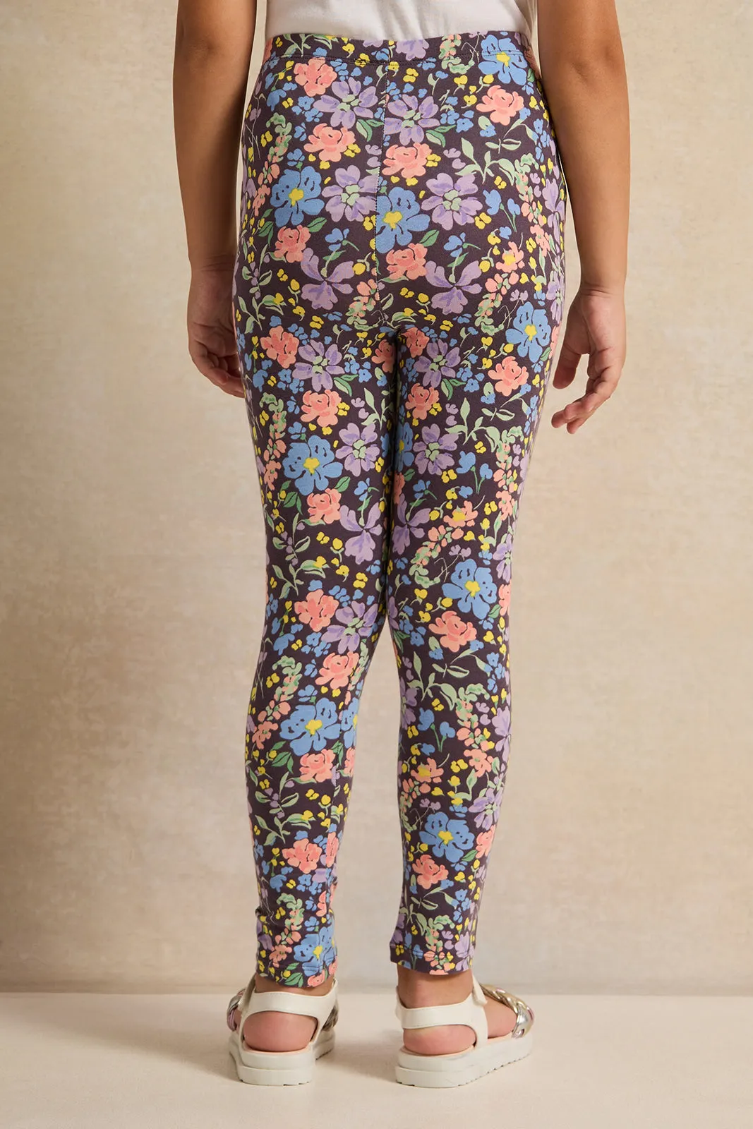 Girls Purple Floral Printed Leggings