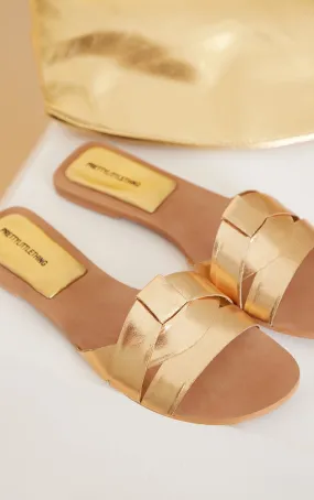 Gold Round Toe Leather Strap Mule Flat Sandals