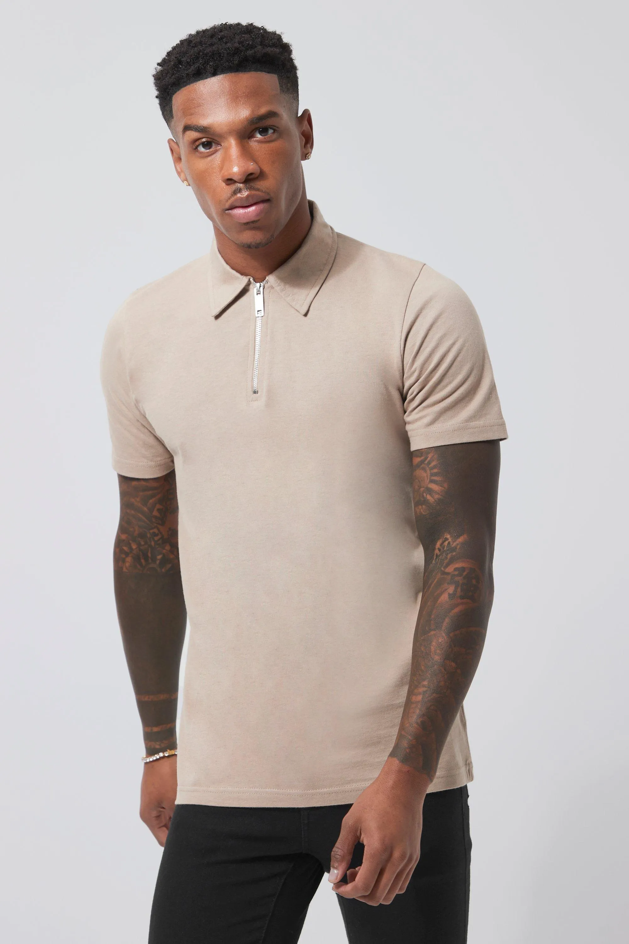 Jersey Slim Zip Polo | boohooMAN UK