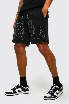 Loose Fit Rhinestone Flame Shorts