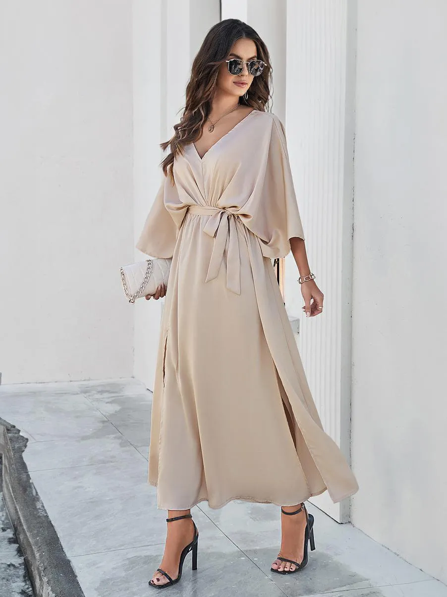 Party Dress V-Back Belted Three Quaters Slit Elegant Maxi Dresses