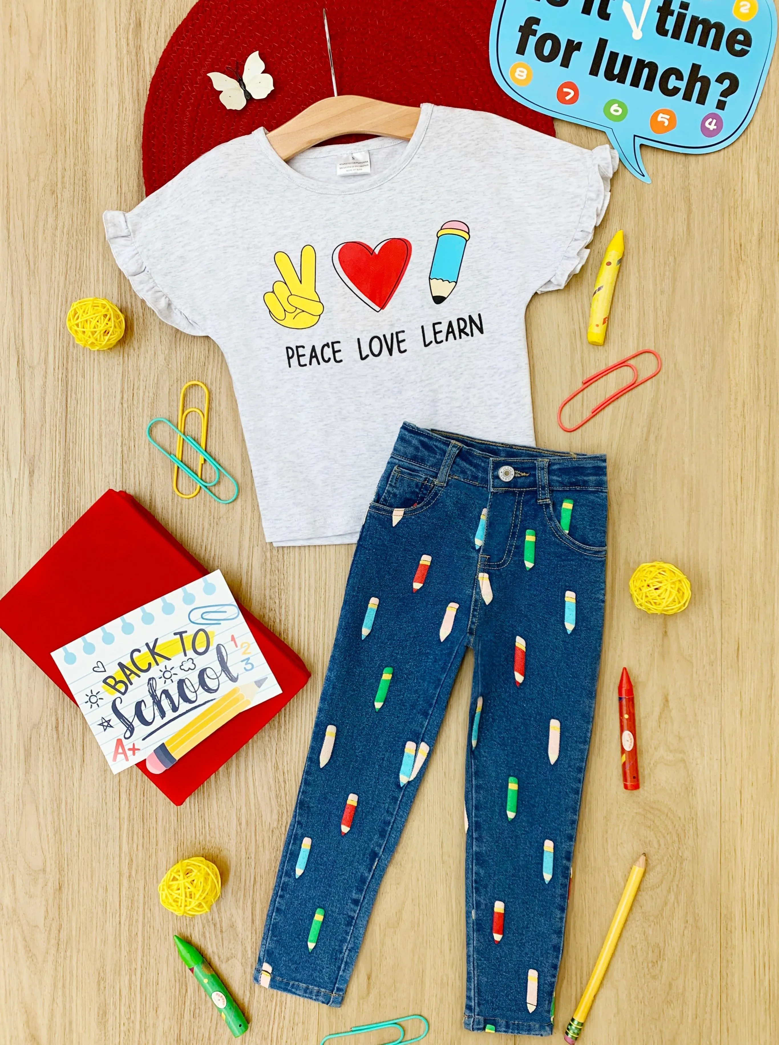 Peace, Love, Learn Pencil Applique Denim Jeans Set