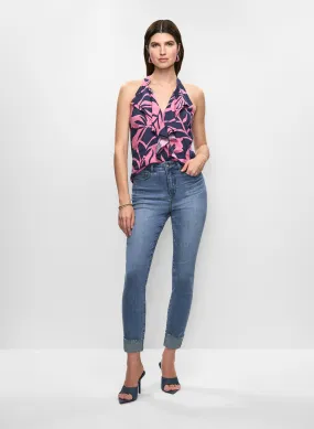 Ruffled Floral Linen Blouse & Cuffed Slim Leg Jeans