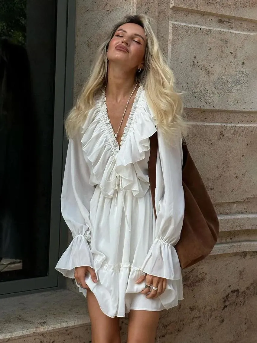 Ruffles Short Dress V-Neck Long Sleeves Drawstring Casual Dresses