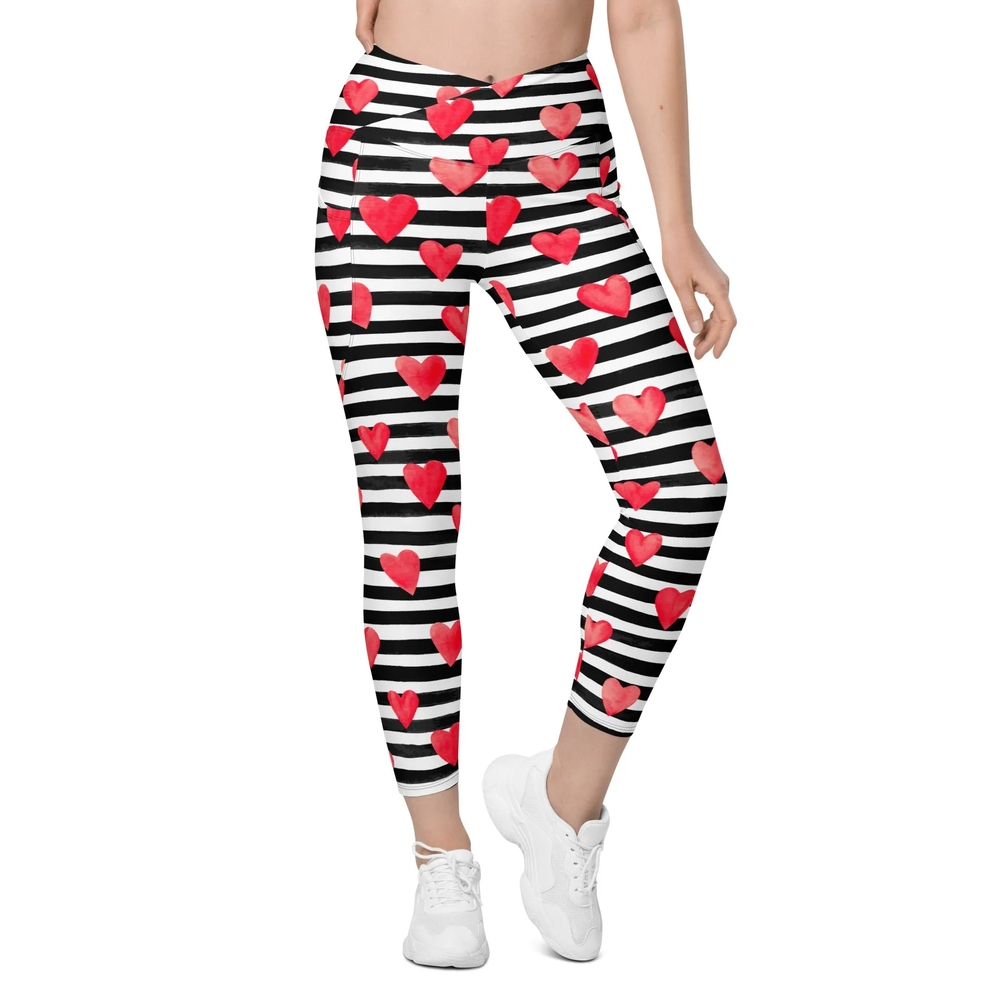 Stripes & Hearts Crossover Leggings With Pockets