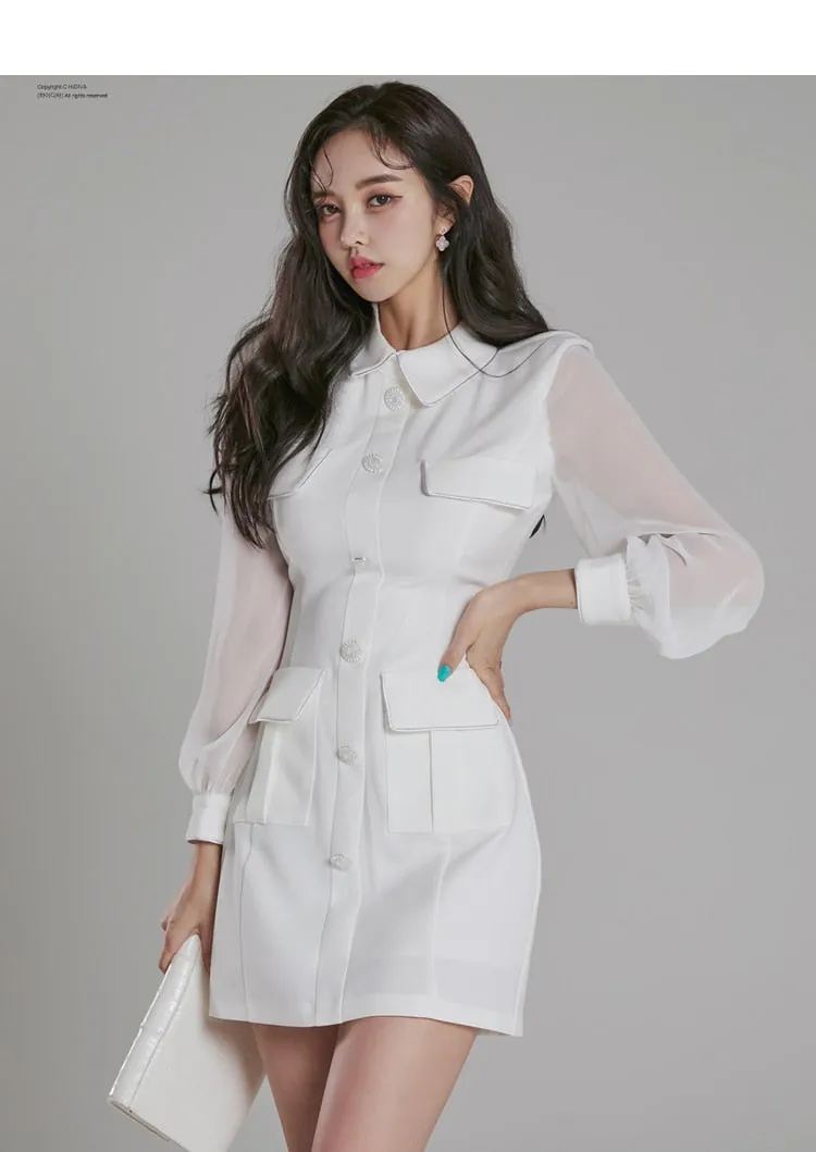 Women's Thin Stitching Single-breasted Notched Full Sleeve Office Dresses